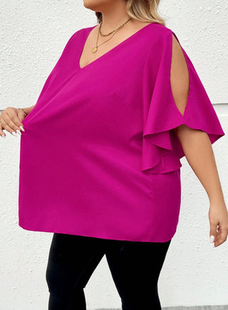 Camisa oversize con escote en V, mangas con volantes y abertura