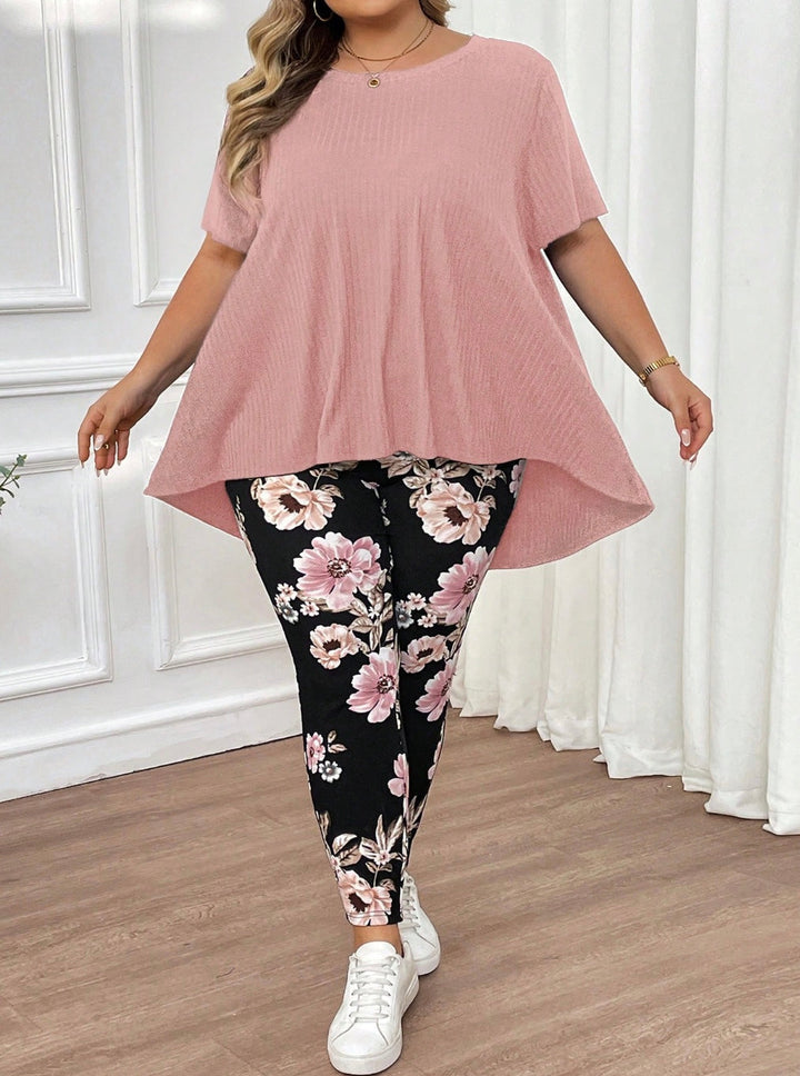 Conjunto de camiseta de manga corta suave de gran tamaño para mujeres, cuello redondo y leggings estampados elásticos estilo boho
