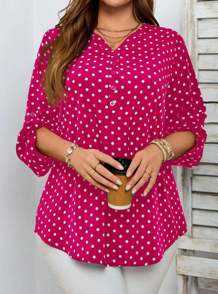 Camisa casual de mujer tallas grandes con estampado de lunares, cuello en V y mangas enrollables