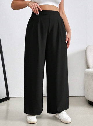 Pantalón con pliegues de color sólido, cintura elástica, para mujer tallas grandes