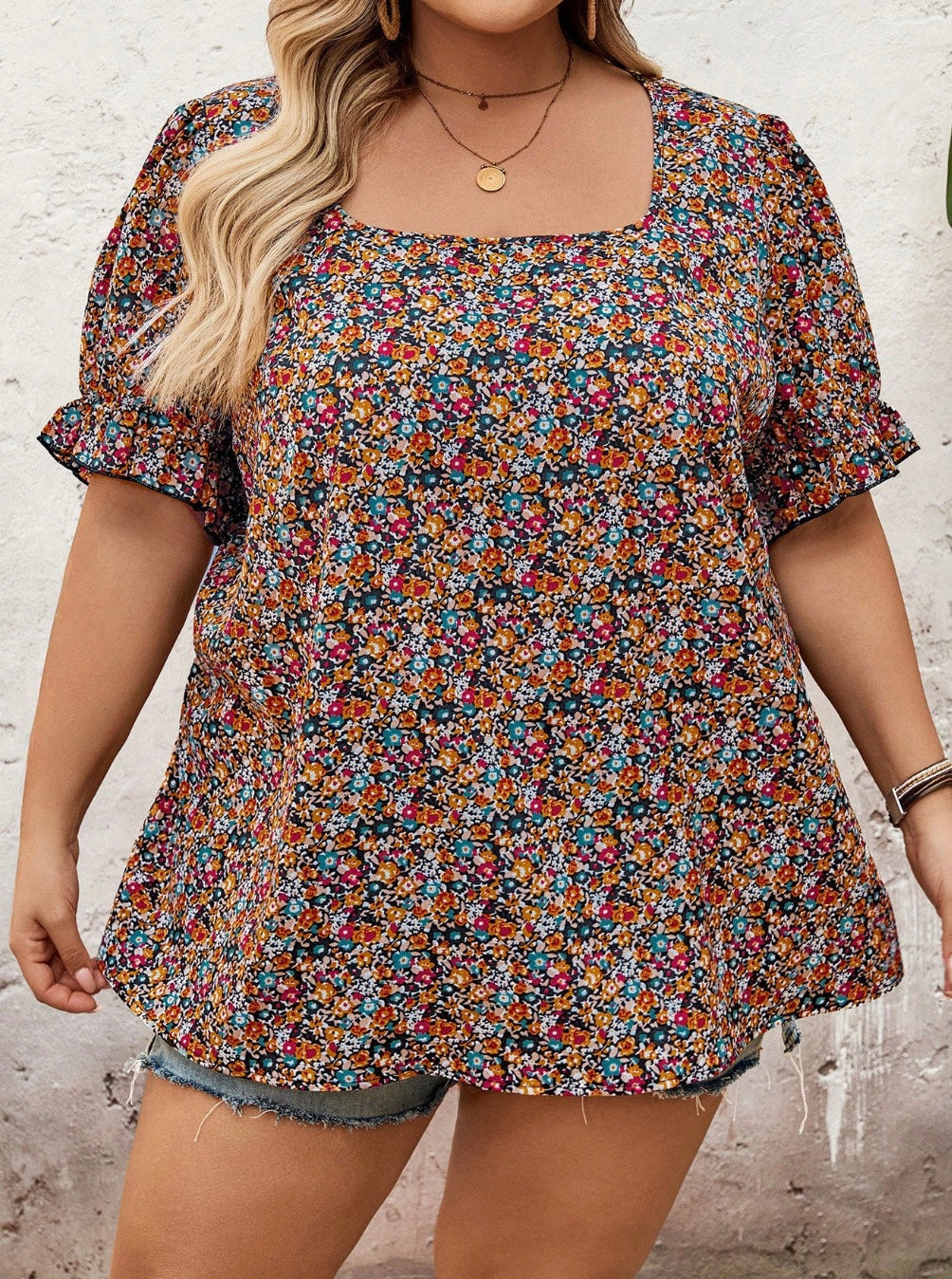 Camisa de mujer con cuello cuadrado y mangas cortas, de estampado integral, estilo bohemio