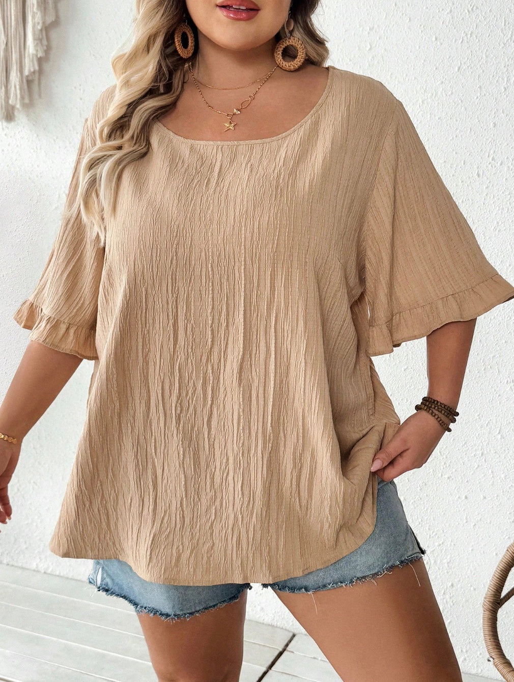 Blusa kaki amplia con mangas cortas fruncidas, dobladillo casual amplio, adecuada para el uso diario y las vacaciones, verano, tallas cómodas, verano, Hoho Vacation