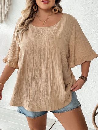 Blusa kaki amplia con mangas cortas fruncidas, dobladillo casual amplio, adecuada para el uso diario y las vacaciones, verano, tallas cómodas, verano, Hoho Vacation