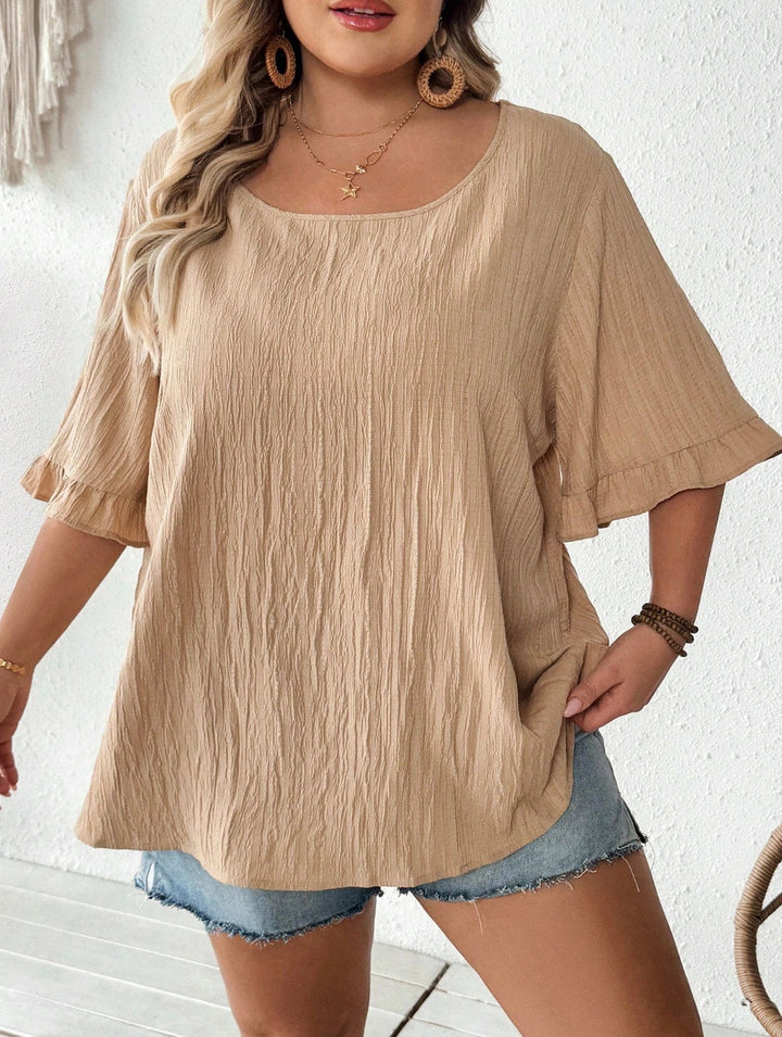Blusa kaki amplia con mangas cortas fruncidas, dobladillo casual amplio, adecuada para el uso diario y las vacaciones, verano, tallas cómodas, verano, Hoho Vacation