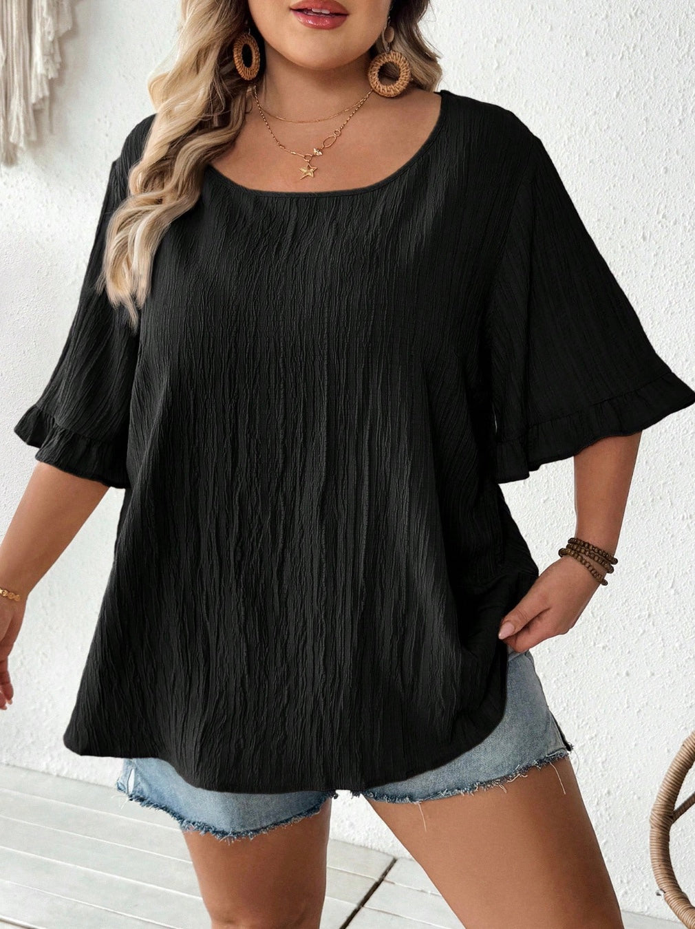 Blusa kaki amplia con mangas cortas fruncidas, dobladillo casual amplio, adecuada para el uso diario y las vacaciones, verano, tallas cómodas, verano, Hoho Vacation