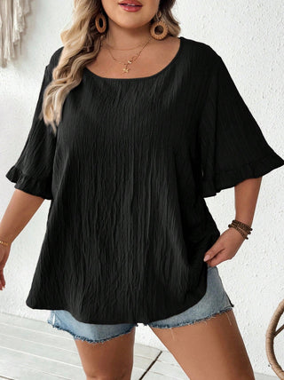 Blusa kaki amplia con mangas cortas fruncidas, dobladillo casual amplio, adecuada para el uso diario y las vacaciones, verano, tallas cómodas, verano, Hoho Vacation