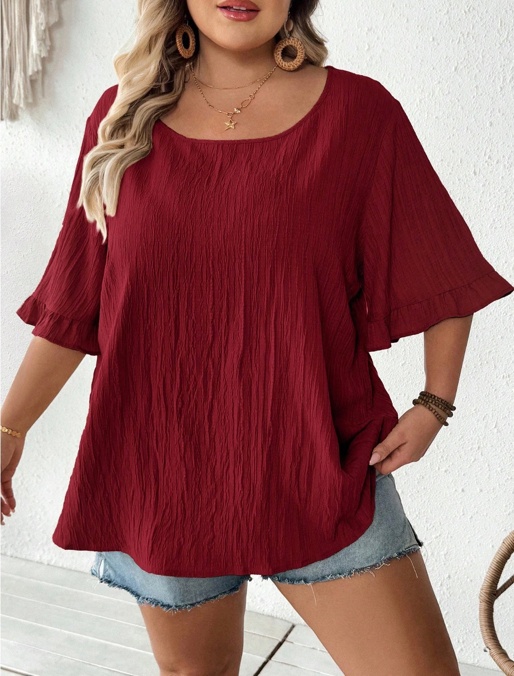 Blusa kaki amplia con mangas cortas fruncidas, dobladillo casual amplio, adecuada para el uso diario y las vacaciones, verano, tallas cómodas, verano, Hoho Vacation