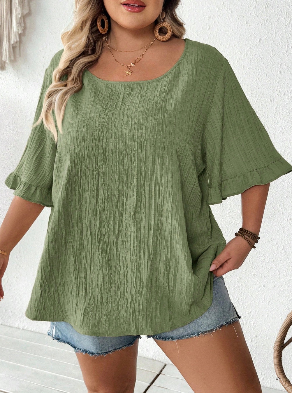 Blusa kaki amplia con mangas cortas fruncidas, dobladillo casual amplio, adecuada para el uso diario y las vacaciones, verano, tallas cómodas, verano, Hoho Vacation