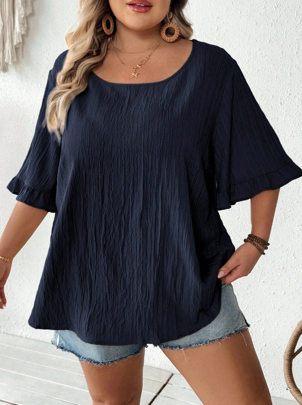 Blusa kaki amplia con mangas cortas fruncidas, dobladillo casual amplio, adecuada para el uso diario y las vacaciones, verano, tallas cómodas, verano, Hoho Vacation