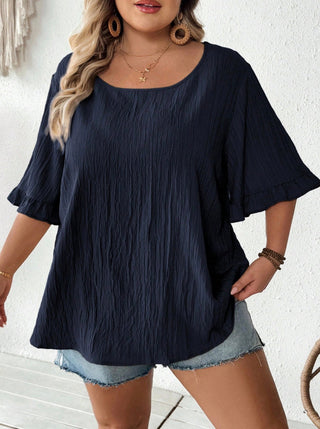 Blusa kaki amplia con mangas cortas fruncidas, dobladillo casual amplio, adecuada para el uso diario y las vacaciones, verano, tallas cómodas, verano, Hoho Vacation