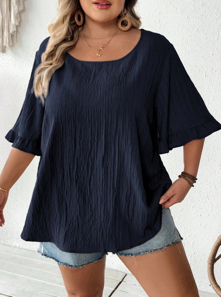 Blusa kaki amplia con mangas cortas fruncidas, dobladillo casual amplio, adecuada para el uso diario y las vacaciones, verano, tallas cómodas, verano, Hoho Vacation