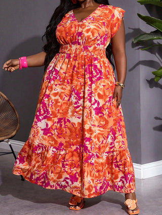 Vestido largo de mujer con estampado floral, talla curvy, vestido largo de verano con diseño floral tropical