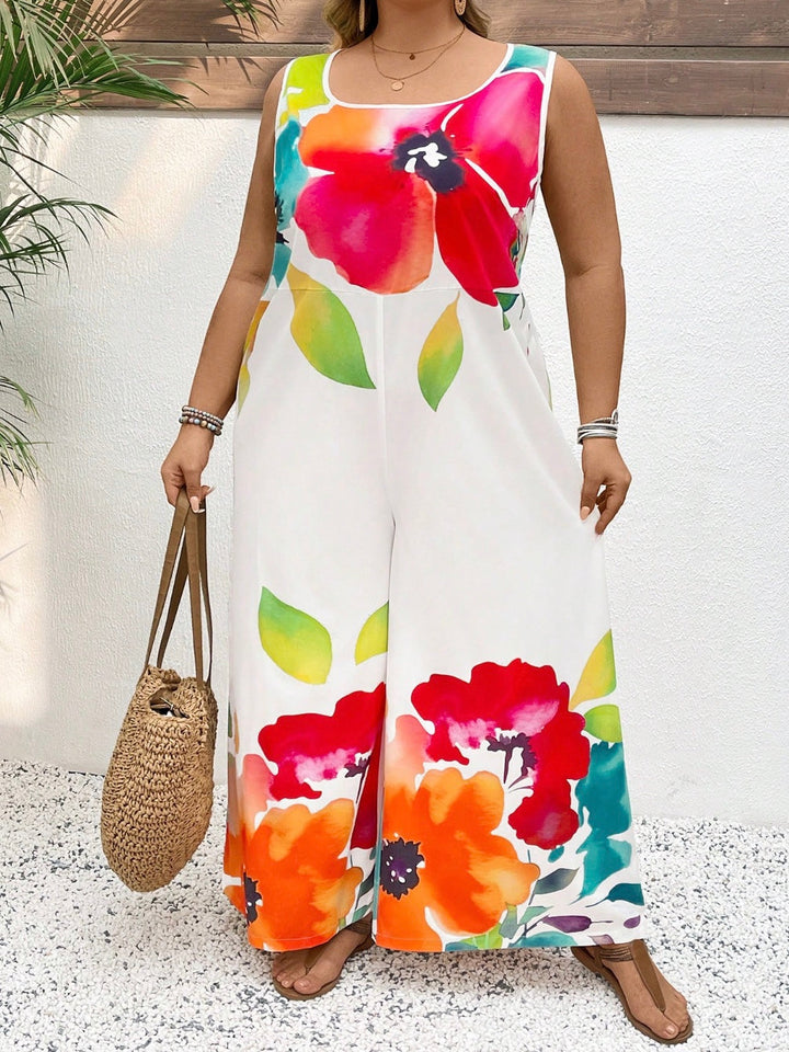 Mono largo elegante de estilo amplio con escote de ciambella, sin mangas, con estampado floral colorido