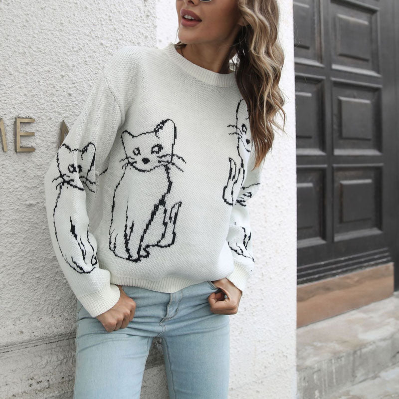 Suéter De Tricot Con Impresión De Gato