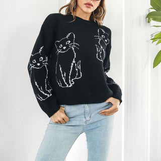 Suéter De Tricot Con Impresión De Gato