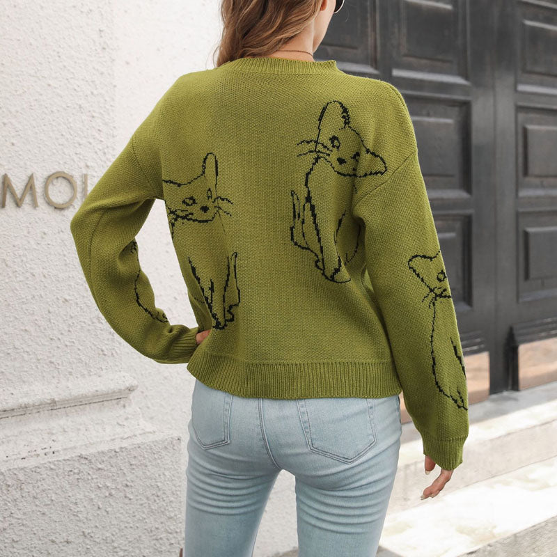 Suéter De Tricot Con Impresión De Gato
