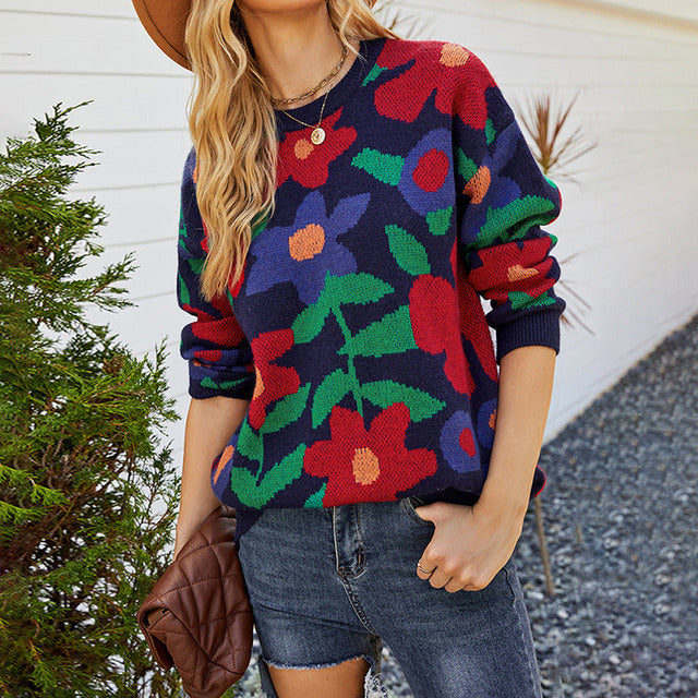 Suéter De Tricot Con Flores Casual