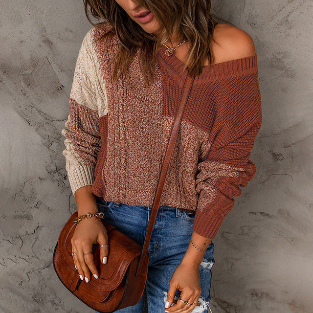 Suéter de Tricot Patchwork Casual