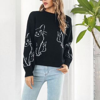 Suéter De Tricot Con Impresión De Gato