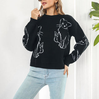 Suéter De Tricot Con Impresión De Gato