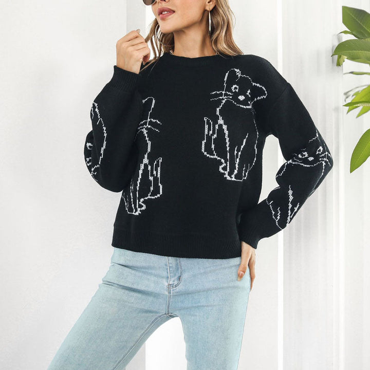 Suéter De Tricot Con Impresión De Gato