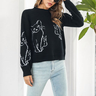 Suéter De Tricot Con Impresión De Gato