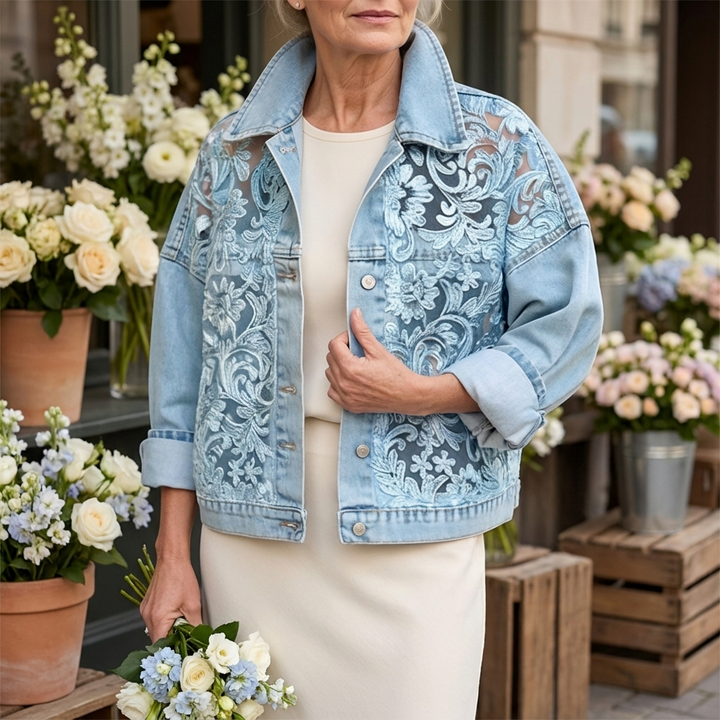 🔥 Chaqueta de mezclilla para mujer de corte holgado con estampado de flores y patchwork de encaje