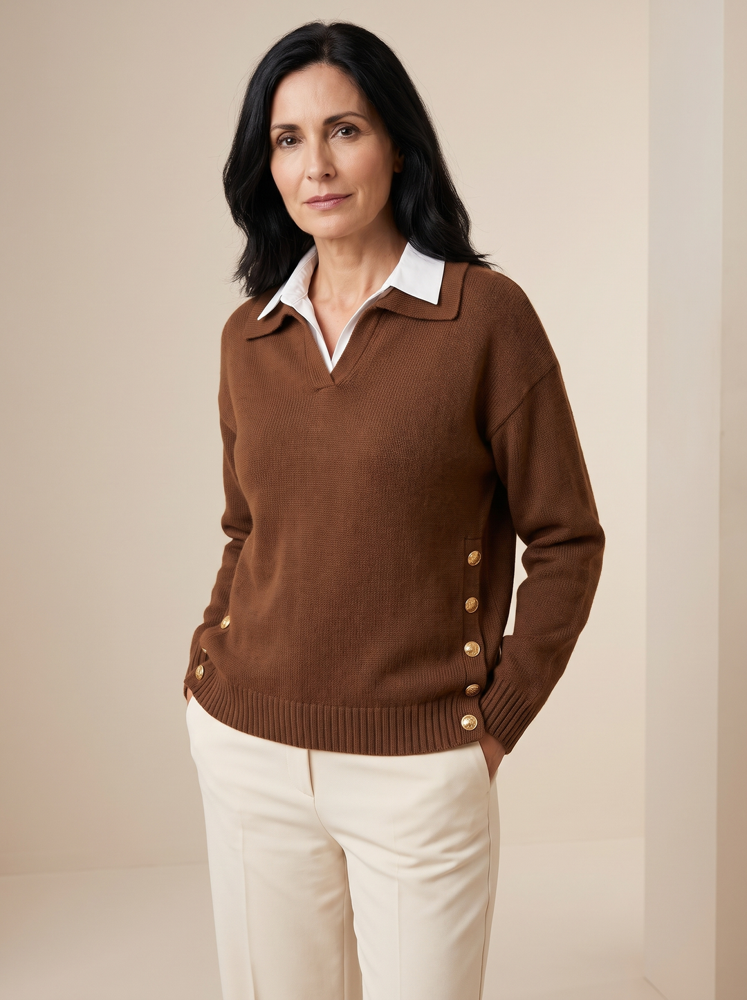 Jersey con cuello polo y botones dorados marrón
