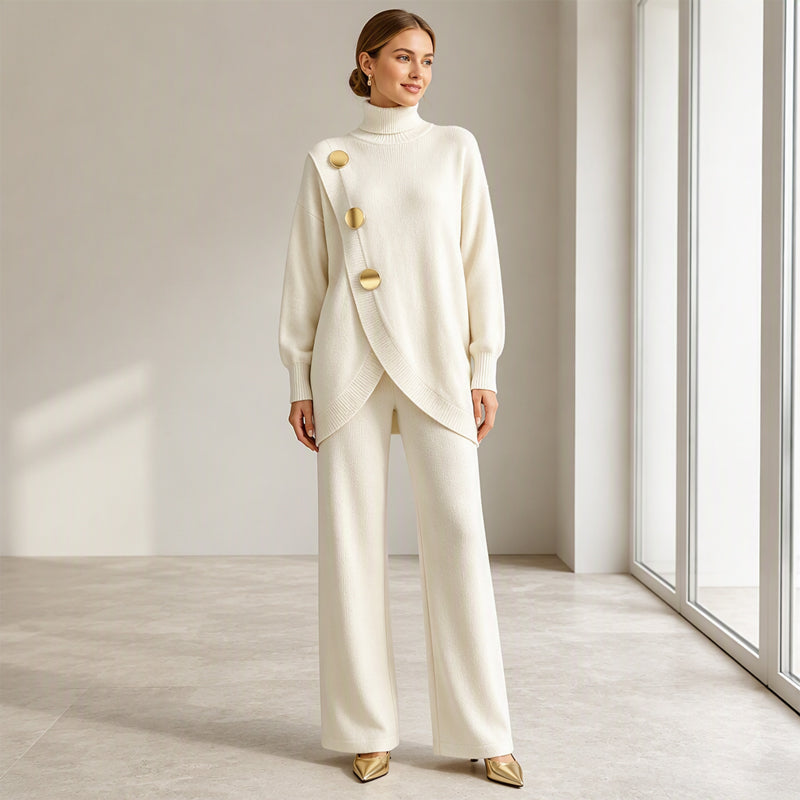 Conjunto de Punto: Jersey de Cuello Alto y Pantalón Ancho