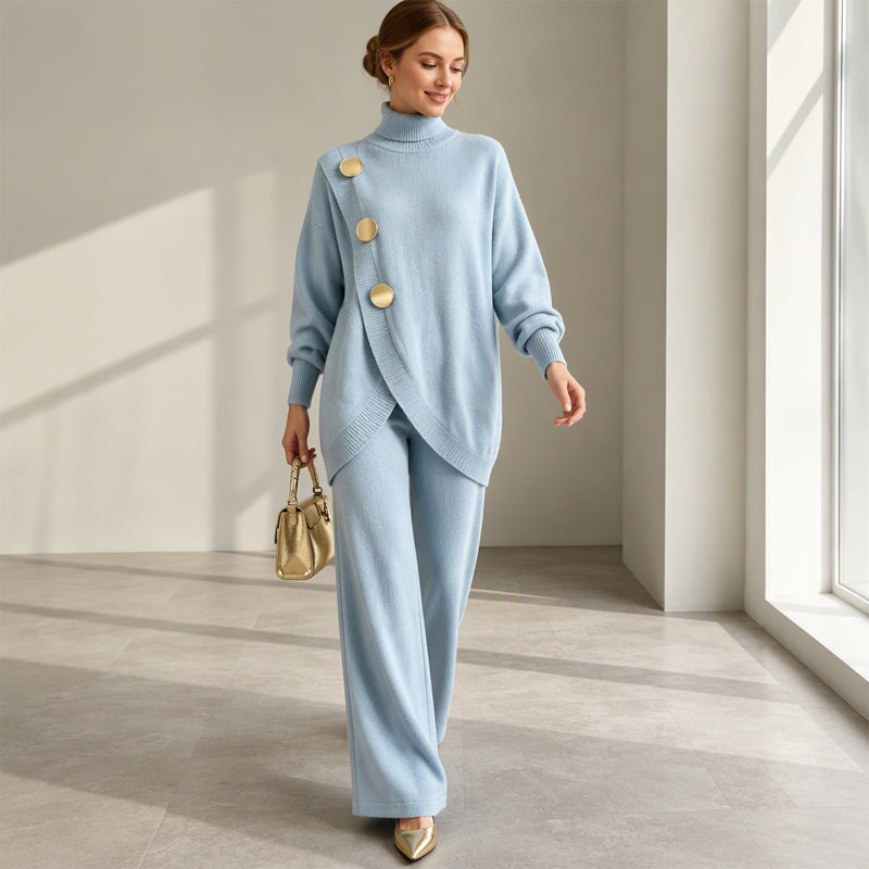 Conjunto de Punto: Jersey de Cuello Alto y Pantalón Ancho